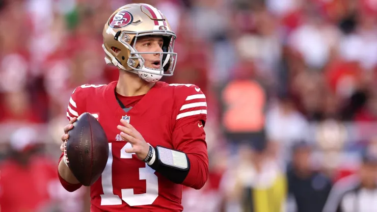 Brock Purdy #13 of the San Francisco 49ers drops back to pass the ball against the Detroit Lions in the NFC Championship Game at Levi's Stadium on January 28, 2024 in Santa Clara, California.
