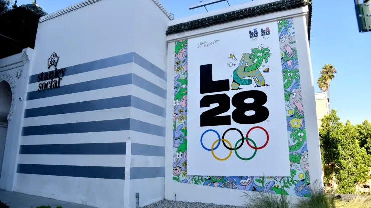 The LA28 Olympic mural by Artist Steven Harrington is displayed on the corner of Stanley street and Sunset Boulevard.
