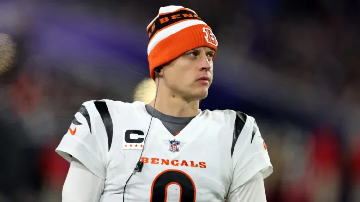 Quarterback Joe Burrow #9 of the Cincinnati Bengals looks on in the second half against the Baltimore Ravens at M&T Bank Stadium on November 16, 2023 in Baltimore, Maryland.
