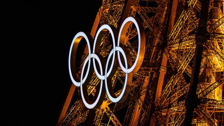 The Olympic rings sit on display on Eiffel Tower ahead of the Opening Ceremony of the Paris 2024 Olympic Games on July 21, 2024 in Paris, France.
