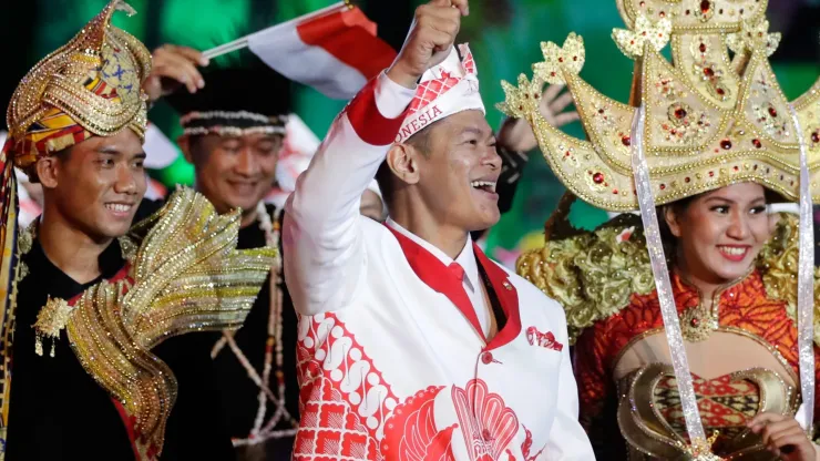 Members of the Indonesia Olympic Team take part in Opening Ceremony of the Rio 2016 Olympic Games at Maracana Stadium on August 5, 2016 in Rio de Janeiro, Brazil. 
