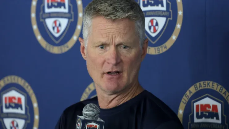 Head coach Steve Kerr of the 2024 USA Basketball Men's National Team talks to members of the media after a practice session during the team's training camp at the Mendenhall Center at UNLV on July 07, 2024 in Las Vegas, Nevada.
