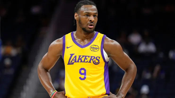 Bronny James Jr. #9 of the Los Angeles Lakers looks on against the Sacramento Kings during the first half of the 2024 California Classic summer league game at Chase Center
