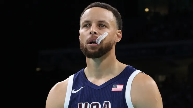 Stephen Curry #4 of Team United States looks on prior to the Men's Group Phase - Group C game between Serbia and the United States on day two of the Olympic Games Paris 2024
