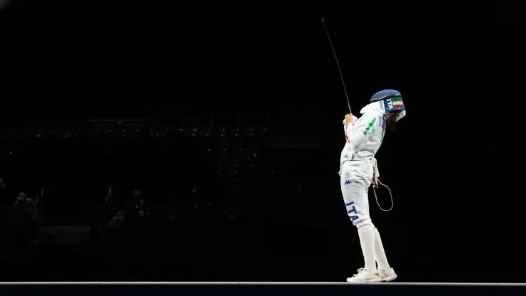 Federica Isola of Team Italy celebrates after Team Italy defeated Team China during the Women's Epée Team Bronze Medal Match on day four of the Tokyo 2020 Olympic Games at Makuhari Messe Hall on July 27, 2021 in Tokyo, Japan.
