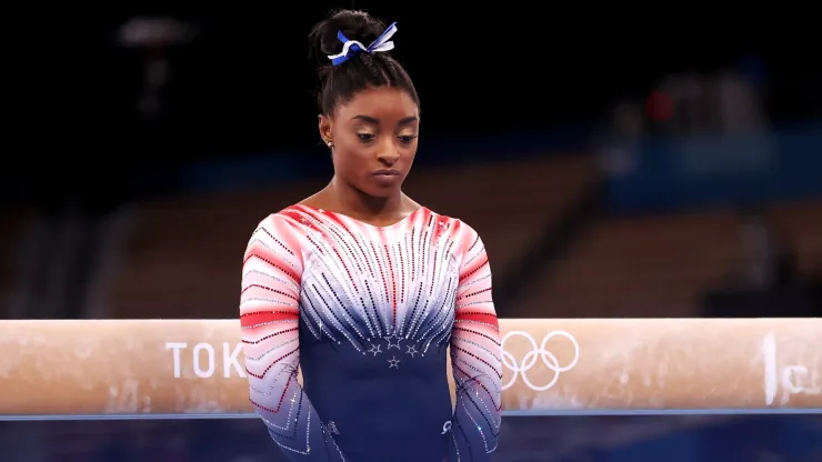 Simone Biles of Team United States competes in the Women's Balance Beam Final on day eleven of the Tokyo 2020 Olympic Games at Ariake Gymnastics Centre on August 03, 2021 in Tokyo, Japan.
