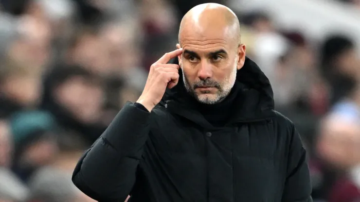 Pep Guardiola, Manager of Manchester City, gestures during the Premier League match between Aston Villa and Manchester City at Villa Park on December 06, 2023 in Birmingham, England.
