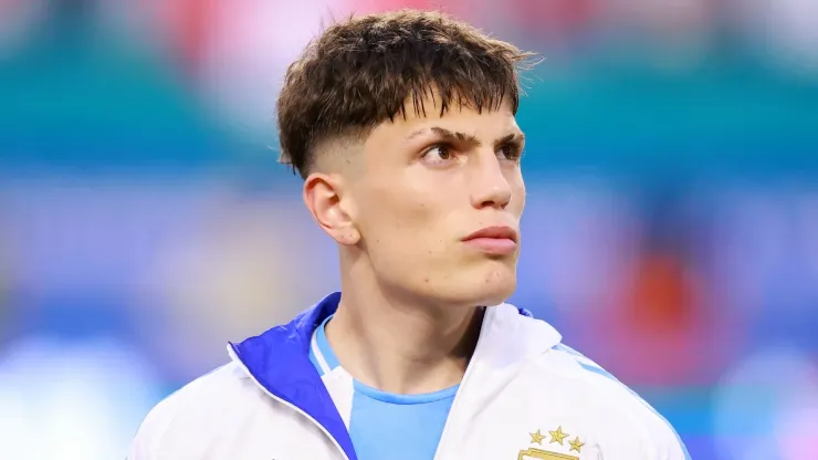 Alejandro Garnacho of Argentina line up for the national anthem prior to the CONMEBOL Copa America 2024 Group A match between Argentina and Peru at Hard Rock Stadium on June 29, 2024 in Miami Gardens, Florida. 
