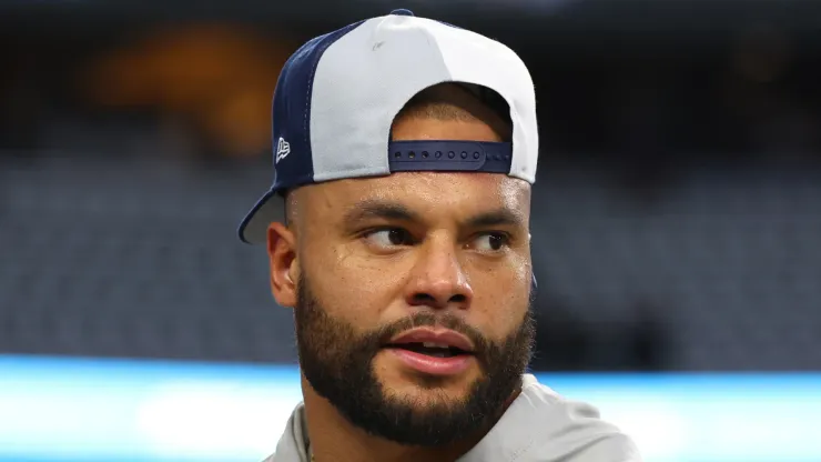 Dak Prescott #4 of the Dallas Cowboys looks on prior to a game against the Los Angeles Rams at AT&T Stadium on October 29, 2023 in Arlington, Texas.
