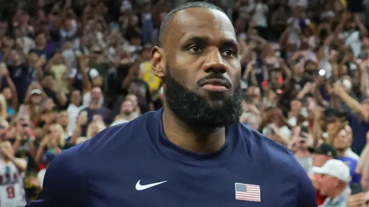 LeBron James #6 of the United States runs onto the court for an exhibition game against Canada ahead of the Paris Olympic Games.
