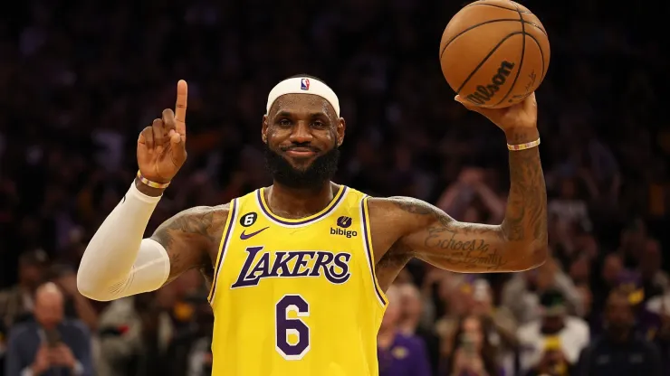 LeBron James #6 of the Los Angeles Lakers reacts after scoring to pass Kareem Abdul-Jabbar to become the NBA's all-time leading scorer, surpassing Abdul-Jabbar's career total of 38,387 points against the Oklahoma City Thunder at Crypto.com Arena on February 07, 2023 in Los Angeles, California.
