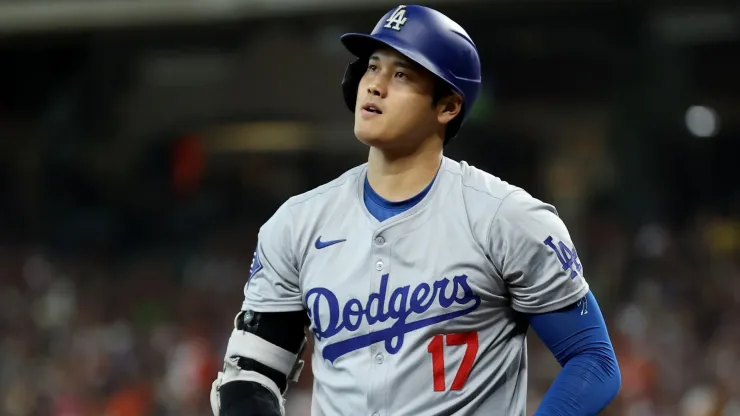 Shohei Ohtani #17 of the Los Angeles Dodgers reacts after striking out in the third inning against the Houston Astros at Minute Maid Park on July 28, 2024 in Houston, Texas. 
