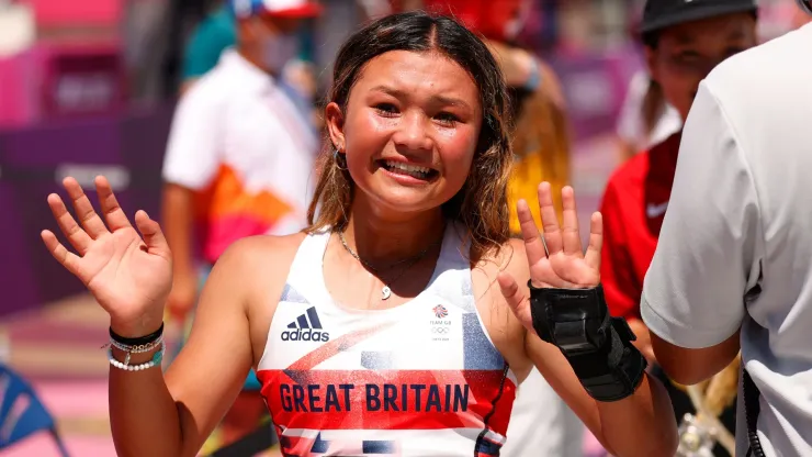 Sky Brown of Team Great Britain reacts during the Women's Skateboarding Park Finals on day twelve of the Tokyo 2020 Olympic Games.
