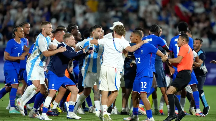 Nicolas Otamendi #16 of Team Argentina and Enzo Millot #12 of Team France clash after the Men's Quarterfinal match between France and Argentina during the Olympic Games Paris 2024.
