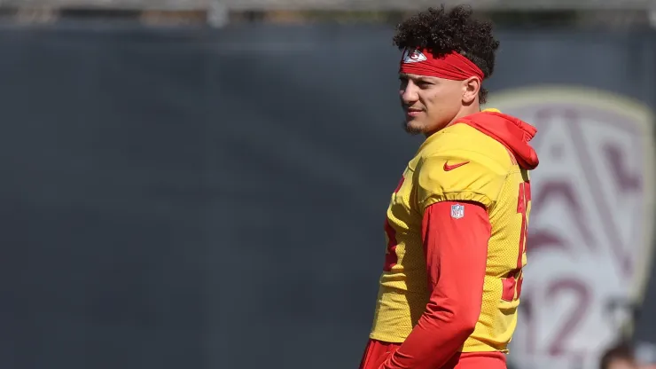 Patrick Mahomes #15 of the Kansas City Chiefs participates in practice prior to Super Bowl LVII at Arizona State University on February 08, 2023 in Tempe, Arizona. The Kansas City Chiefs play the Philadelphia Eagles in Super Bowl LVII on February 12, 2023 at State Farm Stadium.
