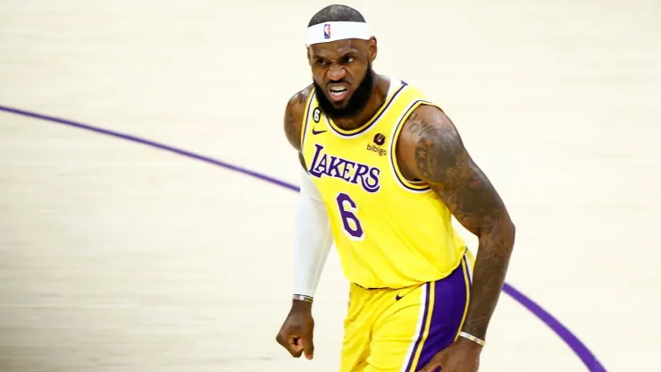 LeBron James #6 of the Los Angeles Lakers reacts after a basket in the third quarter against the Oklahoma City Thunder at Crypto.com Arena on February 07, 2023 in Los Angeles, California.
