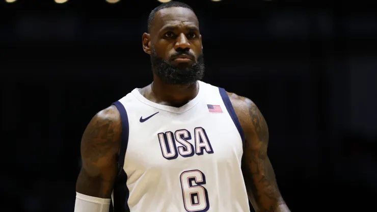 LeBron James of The United States looks on during the 2024 USA Basketball Showcase match between USA and Germany at The O2 Arena on July 22, 2024 in London, England.
