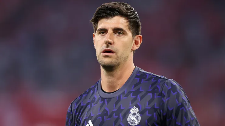 Thibaut Courtois of Real Madrid looks on during the warm up prior to the UEFA Champions League semi-final first leg match between FC Bayern München and Real Madrid.
