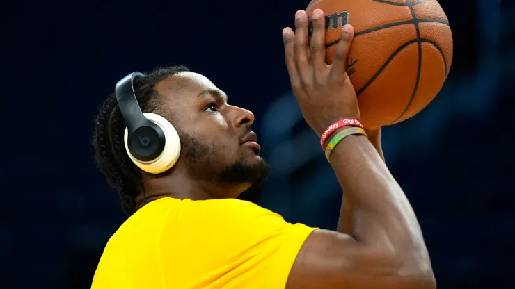 Bronny James Jr. #9 of the Los Angeles Lakers warms up prior to the start of the 2024 California Classic summer league game against the Sacramento Kings at Chase Center on July 06, 2024 in San Francisco, California.
