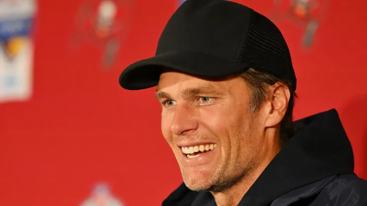 Tom Brady #12 of the Tampa Bay Buccaneers speaks to the media after their side's victory in the NFL match between Seattle Seahawks and Tampa Bay Buccaneers at Allianz Arena on November 13, 2022 in Munich, Germany.
