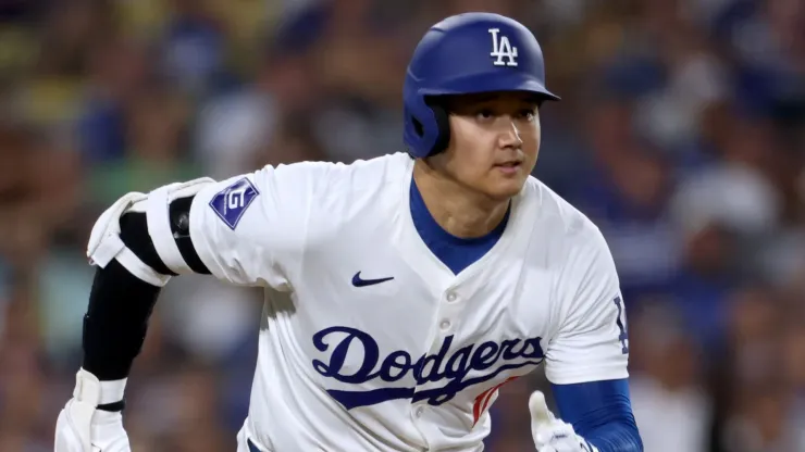 Shohei Ohtani #17 of the Los Angeles Dodgers hits a double during the fifth inning against the Philadelphia Phillies at Dodger Stadium on August 05, 2024 in Los Angeles, California. 
