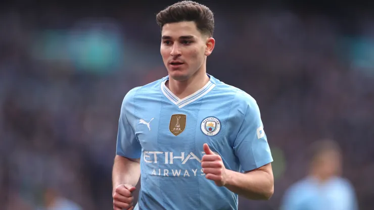 Julian Alvarez of Manchester City during the Emirates FA Cup Semi Final match between Manchester City and Chelsea at Wembley Stadium.
