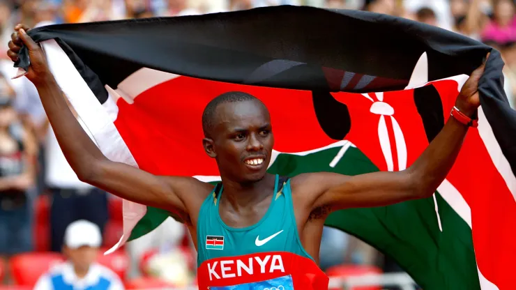 Sammy Wanjiru of Kenya celebrates after winning the Men's Marathon in the National Stadium during Day 16 of the Beijing 2008 Olympic Games.
