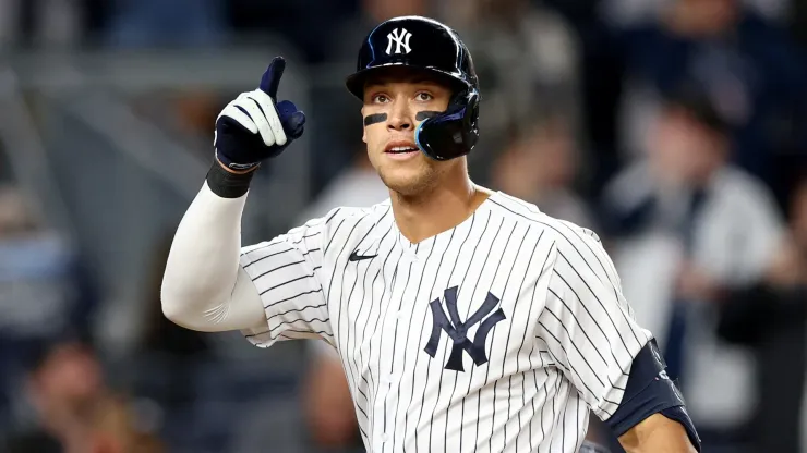 Aaron Judge #99 of the New York Yankees celebrates his solo home run in the fifth inning against the Cleveland Guardians at Yankee Stadium on April 22, 2022 in the Bronx borough of New York City.
