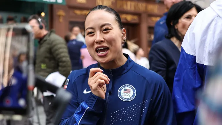 Breaker Sunny Choi speaks to the media at The TODAY Show at Rockefeller Plaza on April 17, 2024 in New York City. 
