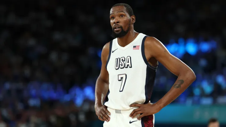 Kevin Durant #7 of Team United States looks on during a Men's basketball semifinals match between Team United States and Team Serbia
