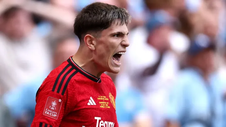 Alejandro Garnacho of Manchester United celebrates scoring his sides first goal during the Emirates FA Cup Final match between Manchester City and Manchester United at Wembley Stadium on May 25, 2024 in London, England. 
