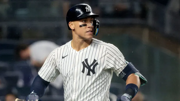 Aaron Judge #99 of the New York Yankees reacts after striking out in the bottom of the fourth inning during the game against the Los Angeles Angels at Yankee Stadium on August 8, 2024 in New York City. 
