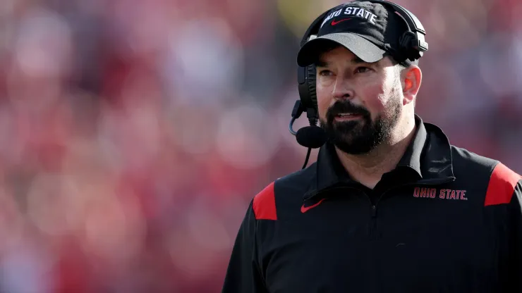 Head coach Ryan Day of the Ohio State Buckeyes on the sidelines during a 48-45 win over the Utah Utes at Rose Bowl on January 01, 2022 in Pasadena, California.
