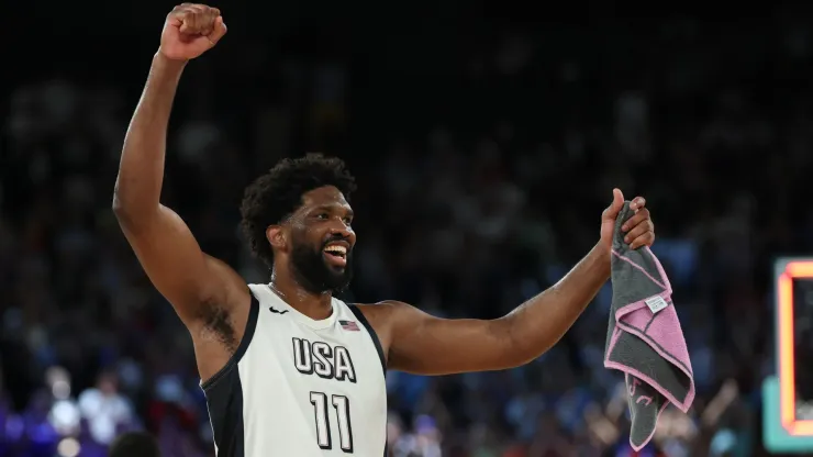 Joel Embiid #11 of Team United States celebrates after his team's win against Team Serbia during a Men's basketball semifinals match
