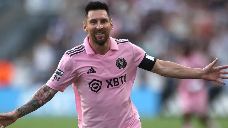 Lionel Messi #10 of Inter Miami CF celebrates after scoring a goal in the first half during the Leagues Cup 2023 semifinals match between Inter Miami CF and Philadelphia Union at Subaru Park on August 15, 2023 in Chester, Pennsylvania.
