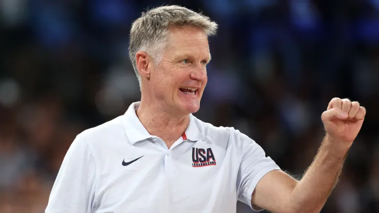 Head coach Steve Kerr of Team United States reacts during a Men's basketball quarterfinal game between Team United States and Team Brazil
