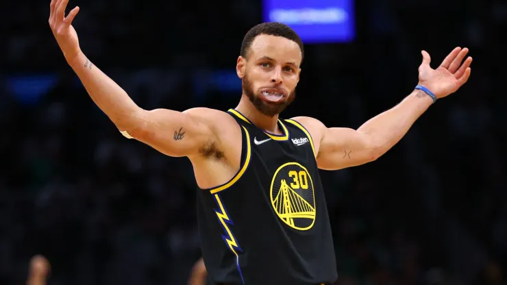 Stephen Curry #30 of the Golden State Warriors celebrates a three point basket in the third quarter against the Boston Celtics during Game Four of the 2022 NBA Finals at TD Garden on June 10, 2022 in Boston, Massachusetts.
