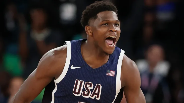 Anthony Edwards #5 of Team United States reacts after a dunk during the Men's Gold Medal game between Team France and Team United States on day fifteen of the Olympic Games Paris 2024 at Bercy Arena on August 10, 2024 in Paris, France. 
