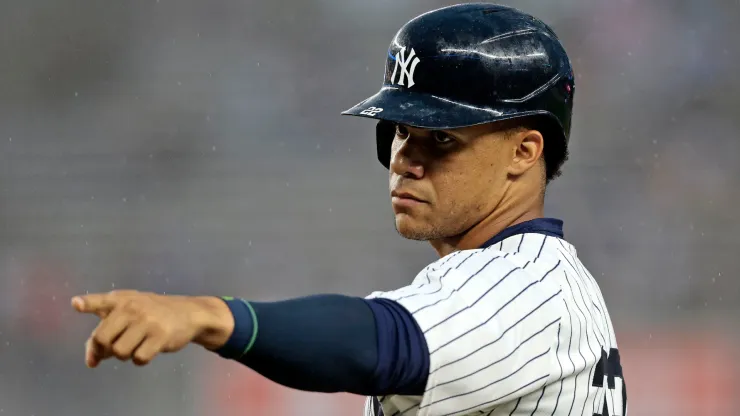 Juan Soto #22 of the New York Yankees reacts after reaching first base on a fielders choice in the bottom of the first inning during the game against the Los Angeles Angels at Yankee Stadium.
