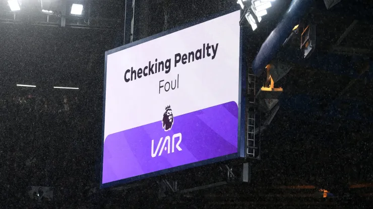 A general view as the LED Screen displays the message "Checking Penalty Foul VAR" during the Premier League match between Chelsea FC and Manchester United
