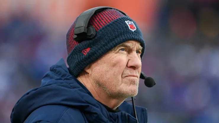 Head coach Bill Belichick of the New England Patriots looks on during the first half of a game against the Buffalo Bills at Highmark Stadium on December 31, 2023 in Orchard Park, New York.
