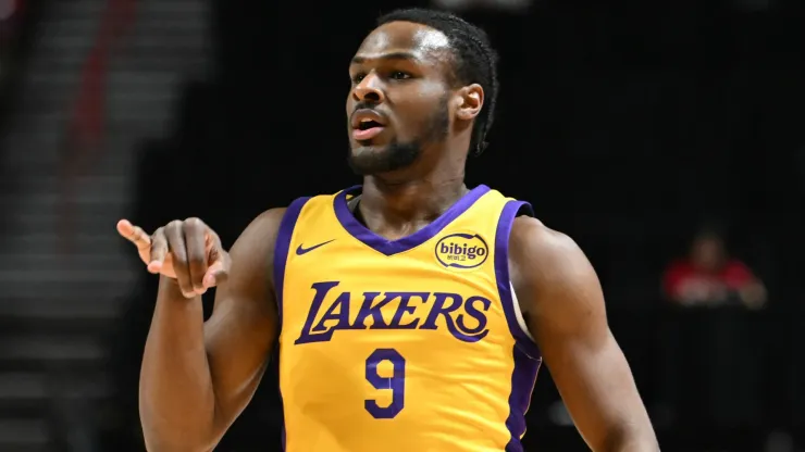 Bronny James Jr. #9 of the Los Angeles Lakers reacts to scoring on the Cleveland Cavaliers in the first half of a 2024 NBA Summer League game at the Thomas & Mack Center on July 18, 2024.
