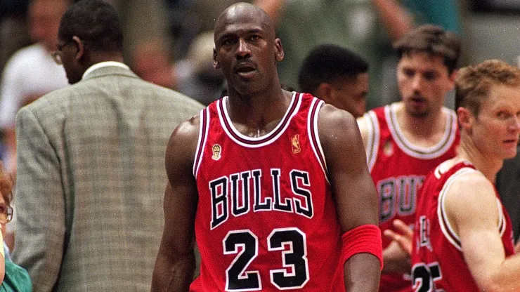 Michael Jordan #23 of the Chicago Bulls walks on the court during game five of the NBA Finals against the Utah Jazz at the Delta Center in Salt Lake City, Utah. The Bulls defeated the Jazz 90-88. 
