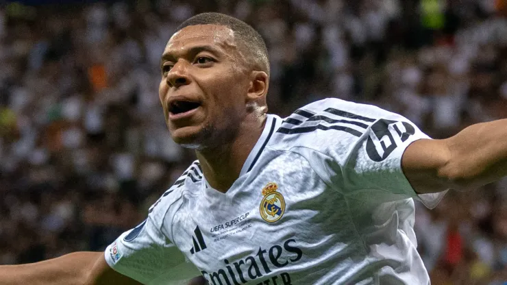 Mbappe celebrates his goal for Real Madrid vs Atalanta at the 2024 UEFA Super Cup.
