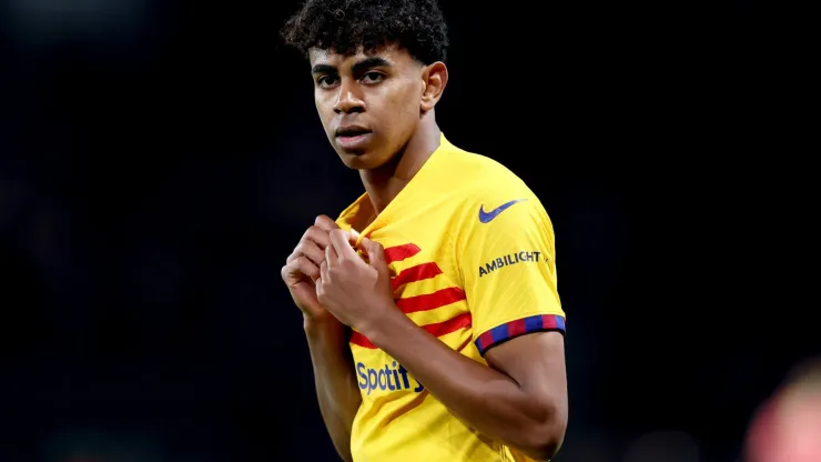 Lamine Yamal of FC Barcelona looks on during the UEFA Champions League quarter-final first leg match between Paris Saint-Germain and FC Barcelona at Parc des Princes on April 10, 2024 in Paris, France.
