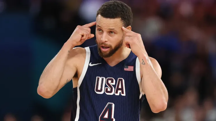 Stephen Curry #4 of Team United States reacts during the Men's Gold Medal game between Team France and Team United States on day fifteen of the Olympic Games Paris 2024 at Bercy Arena on August 10, 2024 in Paris, France.
