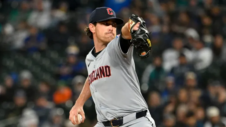 Shane Bieber #57 of the Cleveland Guardians throws a pitch during the fourth inning against the Seattle Mariners at T-Mobile Park on April 02, 2024 in Seattle, Washington.
