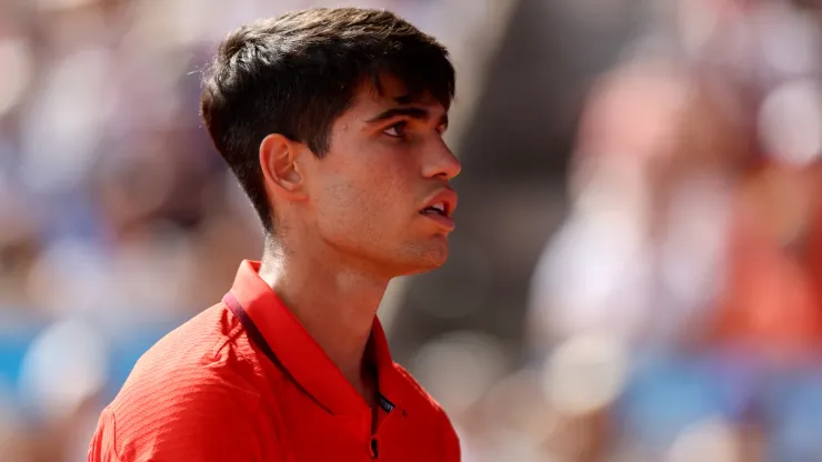 Carlos Alcaraz of Team Spain looks on during the Men's Singles Gold medal match against Novak Djokovic of Team Serbia
