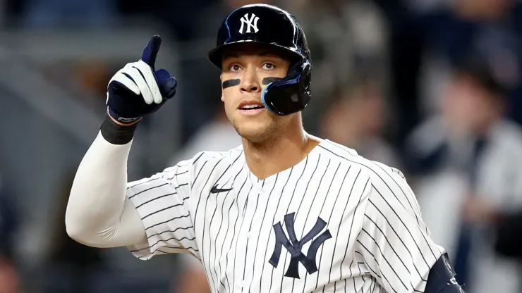 Aaron Judge #99 of the New York Yankees celebrates his solo home run in the fifth inning against the Cleveland Guardians at Yankee Stadium on April 22, 2022 in the Bronx borough of New York City.
