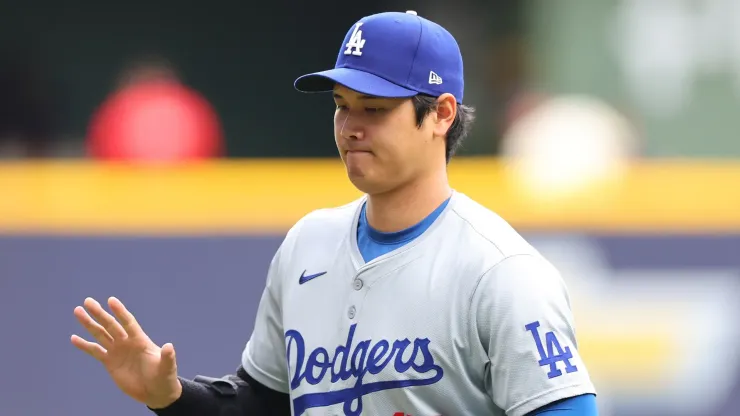 Shohei Ohtani #17 of the Los Angeles Dodgers participates in warmups prior to a game against the Milwaukee Brewers at American Family Field on August 14, 2024 in Milwaukee, Wisconsin.
